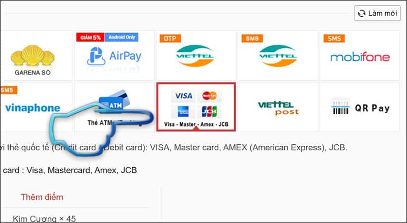 Chọn hình thức thanh toán thẻ Visa, Mastercard.