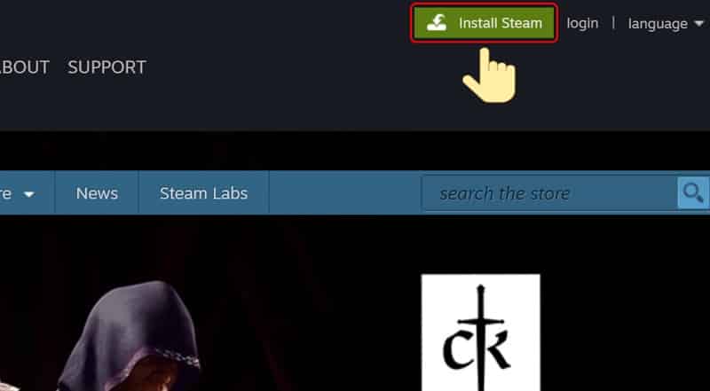 Vào trang chủ và chọn Install Steam ở góc phải.