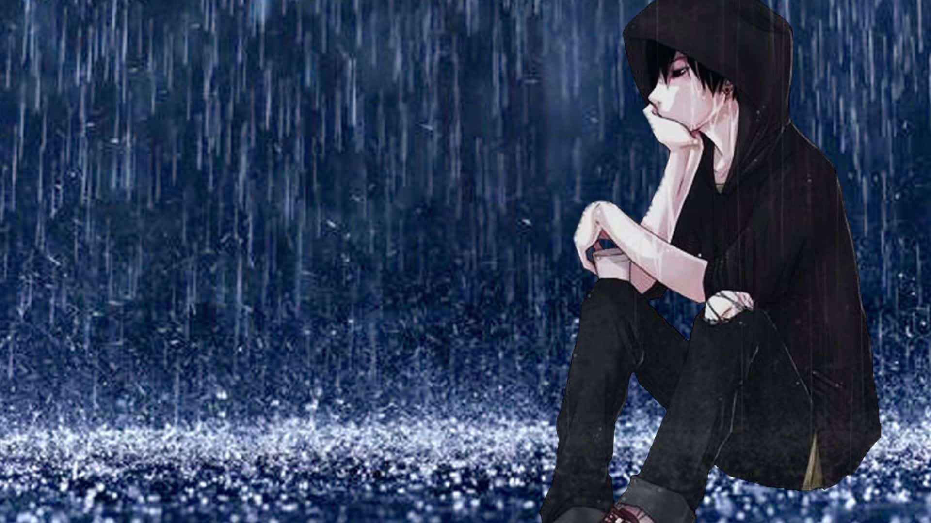 Chàng trai Anime ngồi trong mưa