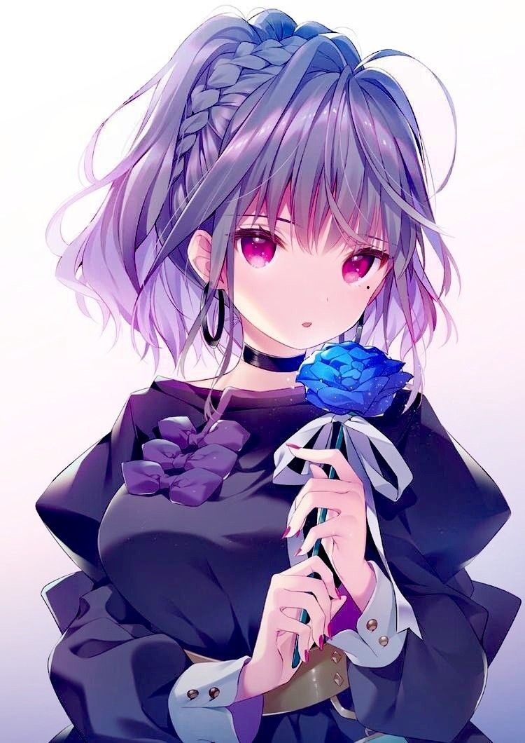 Hình Anime Nữ Ngầu Lạnh Lùng Tóc Ngắn cầm hoa