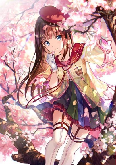 Hình Anime Tết cô gái bên hoa anh đào