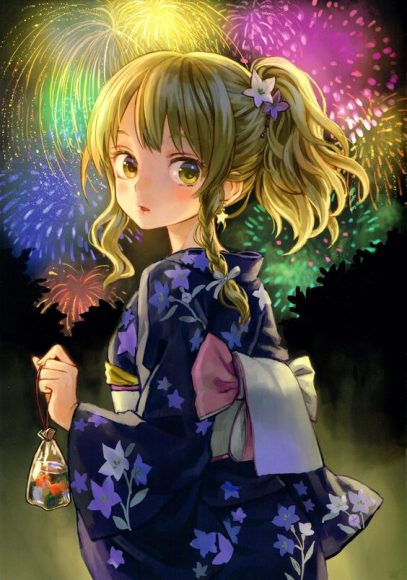 Hình Anime Tết cô gái ngắm pháo hoa
