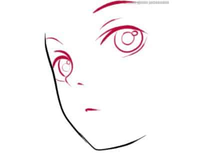 Sử dụng các đường hướng dẫn, vẽ mắt anime, mũi và miệng nhỏ hếch