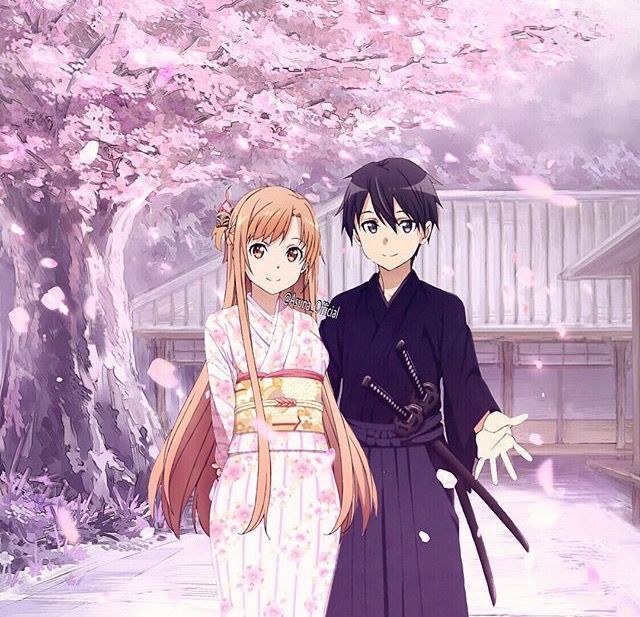 Hình Anime Kirito và Asuna trong khung cảnh hoa anh đào
