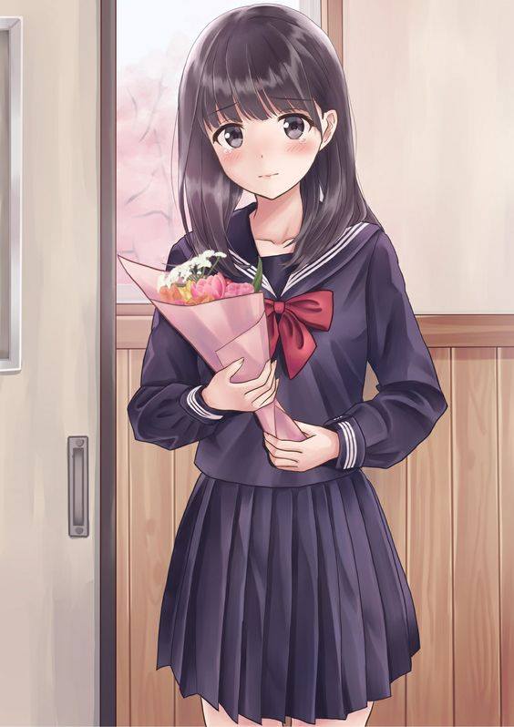 Hình Anime Nữ Học Sinh cầm bó hoa đẹp nhất