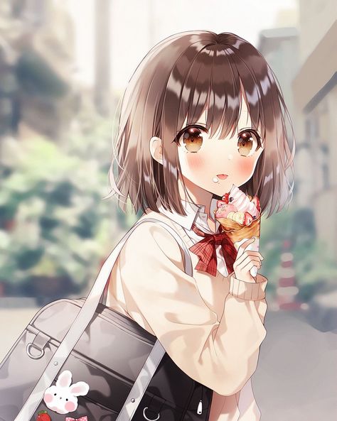 Hình Anime Nữ Học Sinh đang được ăn kem