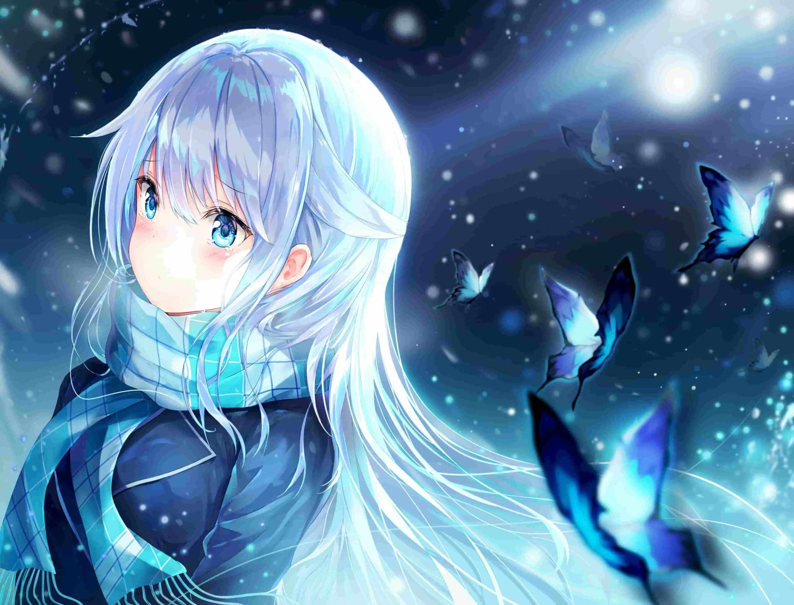 Hình Anime Nữ Tóc Trắng bươm bướm xanh xinh đẹp