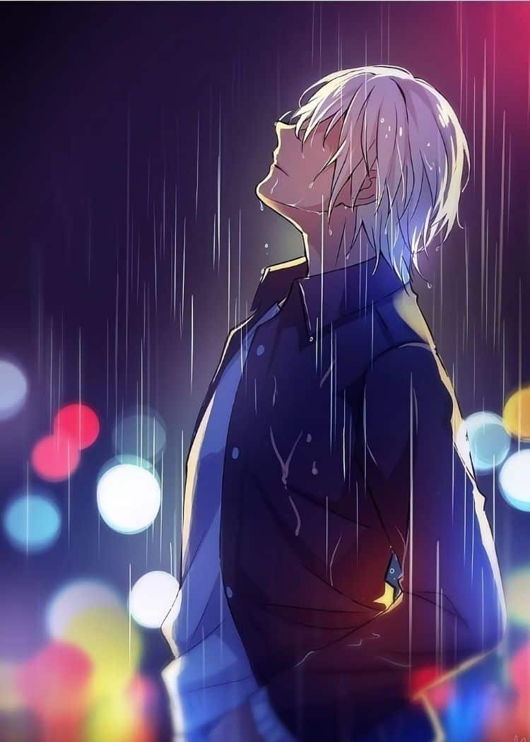 Hình Anime chàng trai đơn độc bên dưới mưa