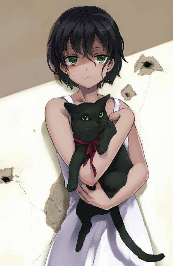 Hình Anime nữ tóc ngắn buồn ôm mèo con