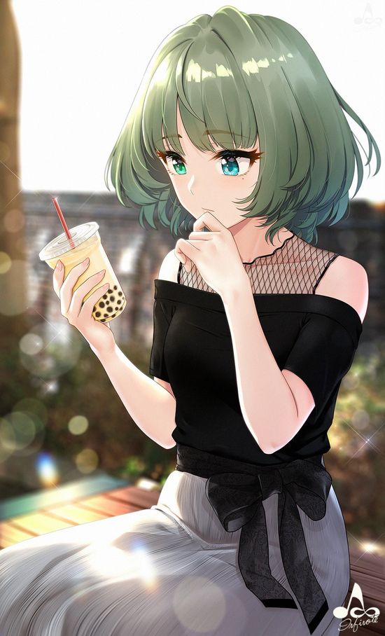 Hình Anime nữ uống trà sữa ấn tượng