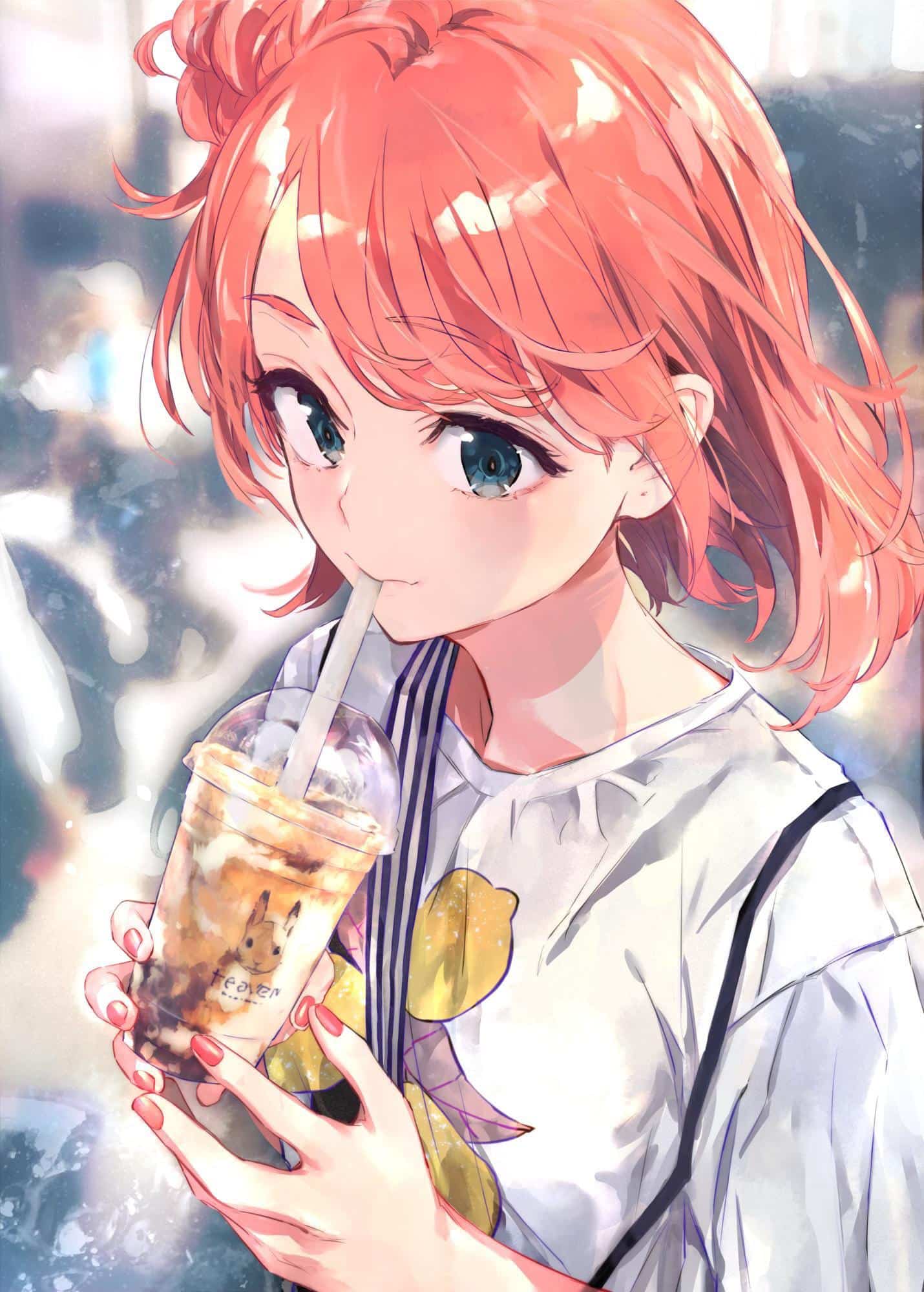 Hình Anime uống trà sữa cực đáng yêu