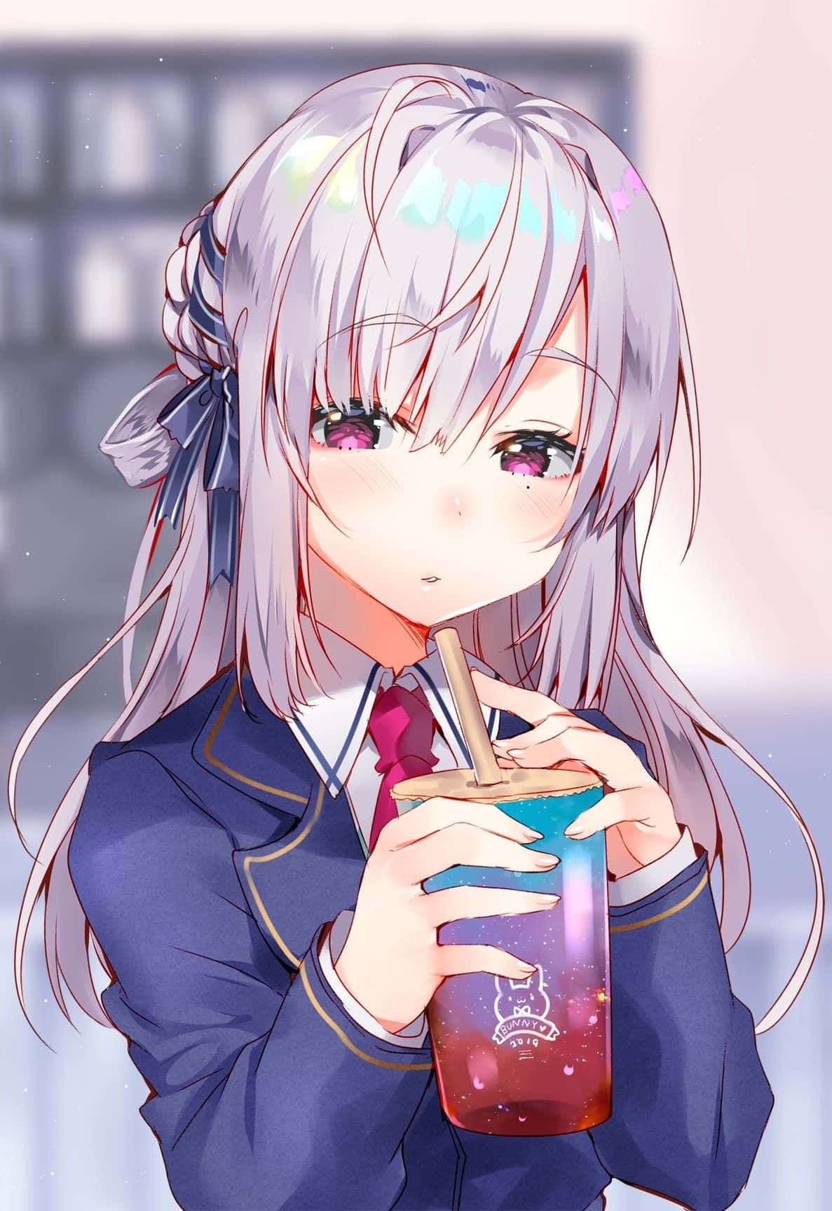 anime girl đang uống trà sữa