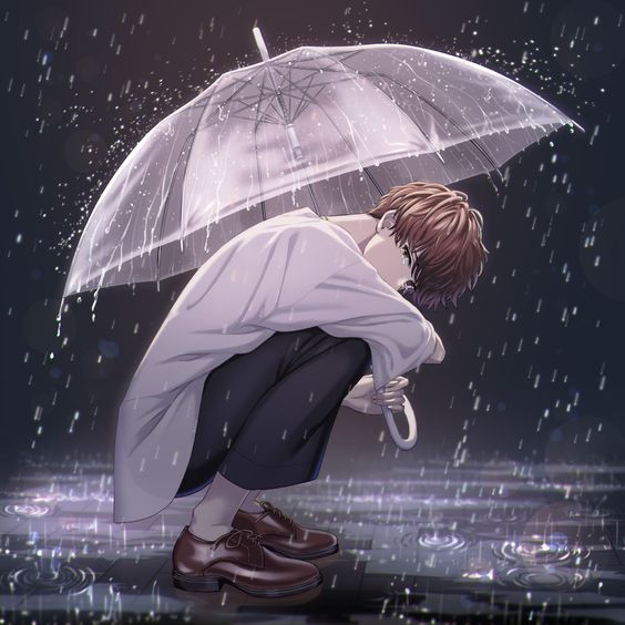 Hình Mưa Buồn Anime chàng trai cầm dù ngồi khóc dưới mưa