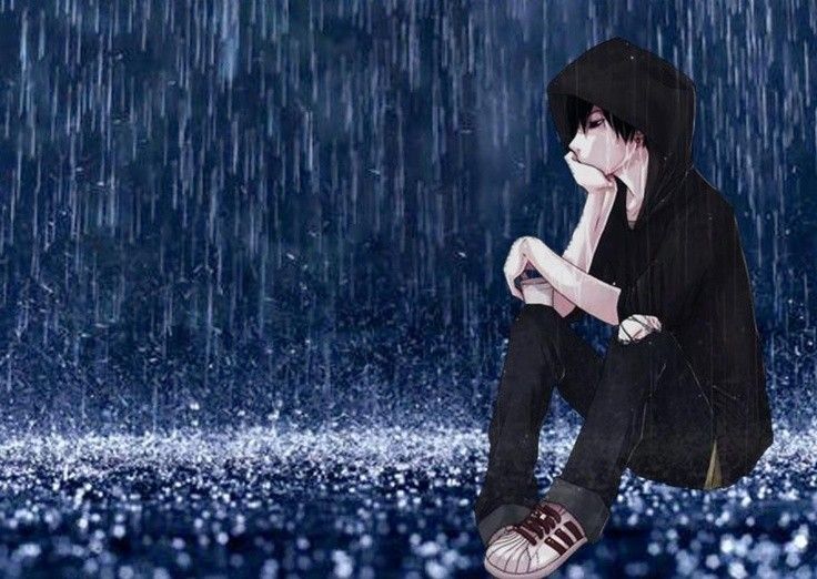 Hình Mưa Buồn Anime chàng trai ngồi một mình dưới mưa