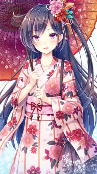 Ảnh Anime Girl Tóc Tím mặc Kimono cực xinh