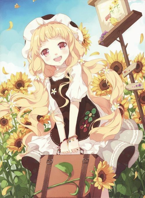 Hình Anime Màu Vàng cô bé và vườn hoa mặt trời