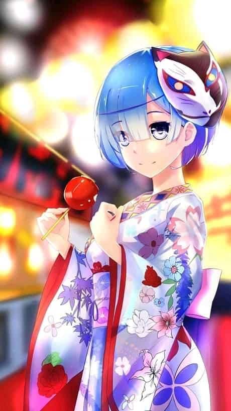 Hình Anime Nữ Mặc Kimono ăn kẹo mút