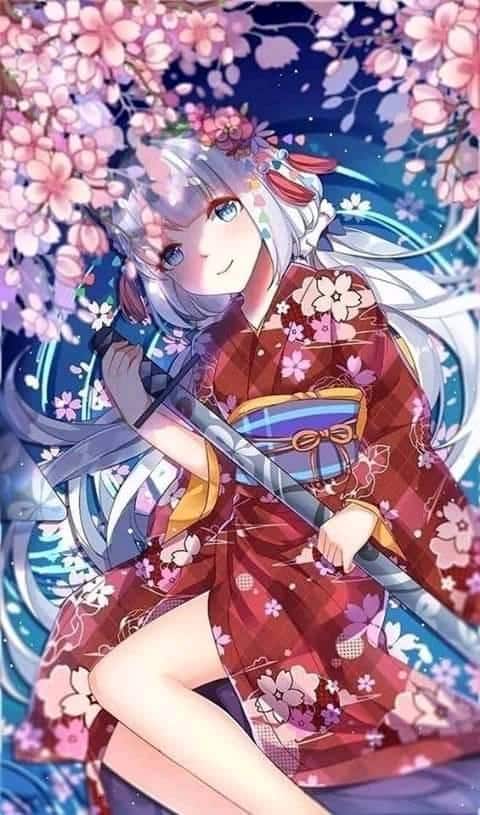 Hình Anime Nữ Mặc Kimono hoa anh đào