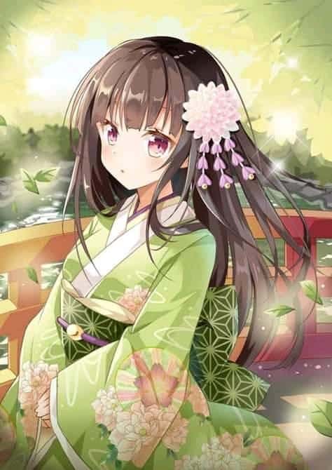 Hình Anime Nữ Mặc Kimono màu xanh lá cây