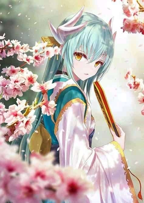 Hình Anime Nữ Mặc Kimono và hoa anh đào