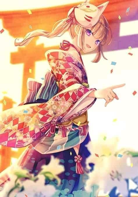 Hình Anime Nữ Mặc Kimono và mặc nạ cáo