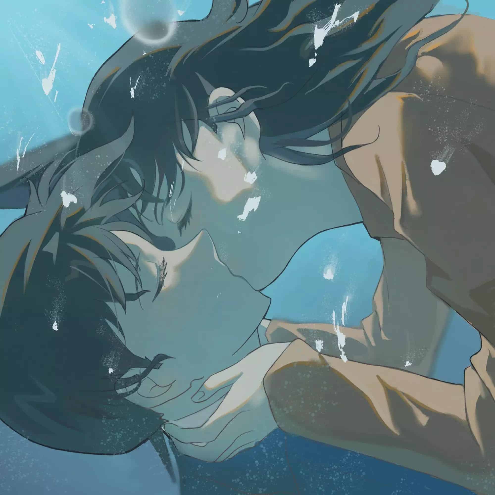 Hình Anime Shinichi và Ran hôn nhau dưới nước