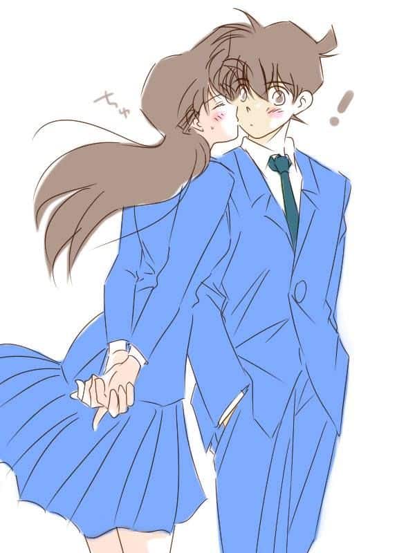 Hình Anime Shinichi và Ran hôn nhau trong trang phục đồng phục