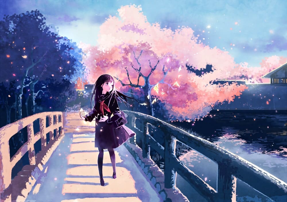 Hình Anime mùa xuân cô gái bước đi một mình