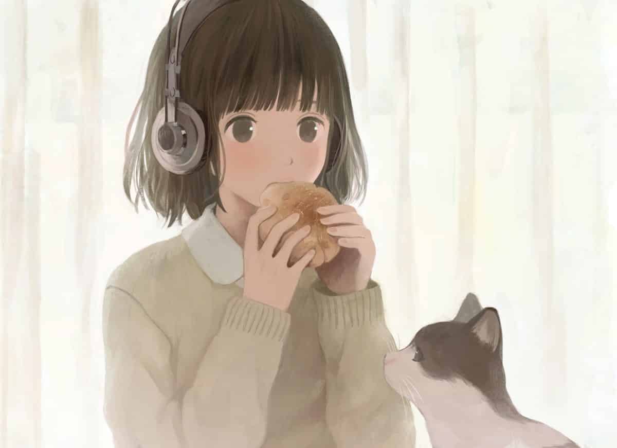 Hình Anime nữ đeo tai nghe ngây ngô đáng yêu