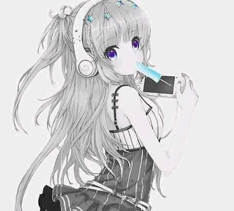 Hình Anime nữ đeo tai nghe và ăn kem