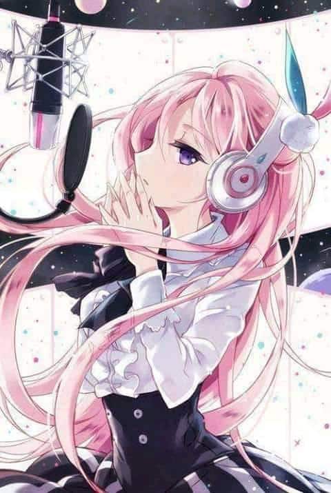 Hình Anime nữ tóc hồng đeo tai nghe ấn tượng