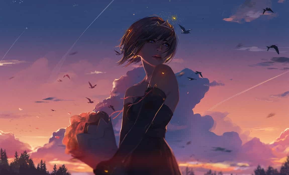 Hình Nền Anime Chill girl một mình giữa bầu trời