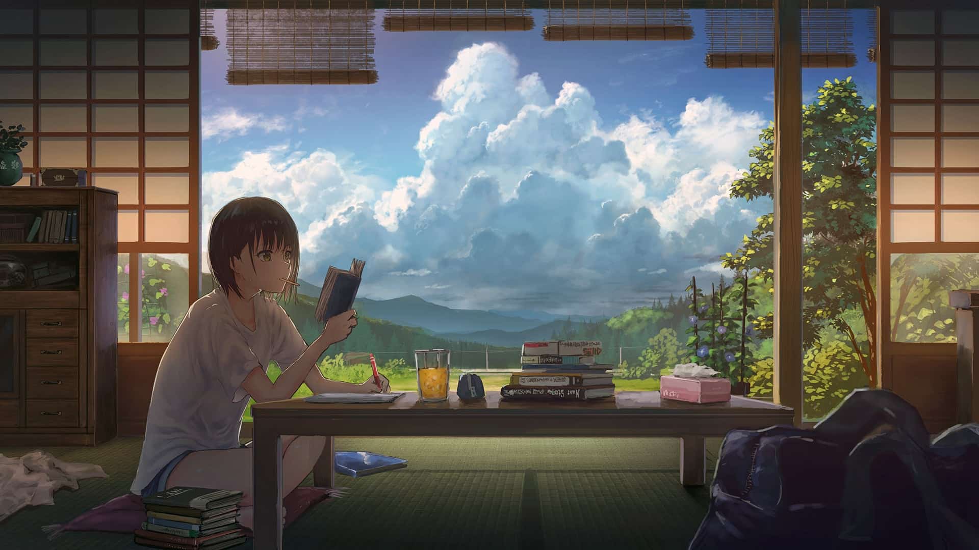 Hình Nền Anime Chill nữ giới ngồi xem sách rất rất đẹp