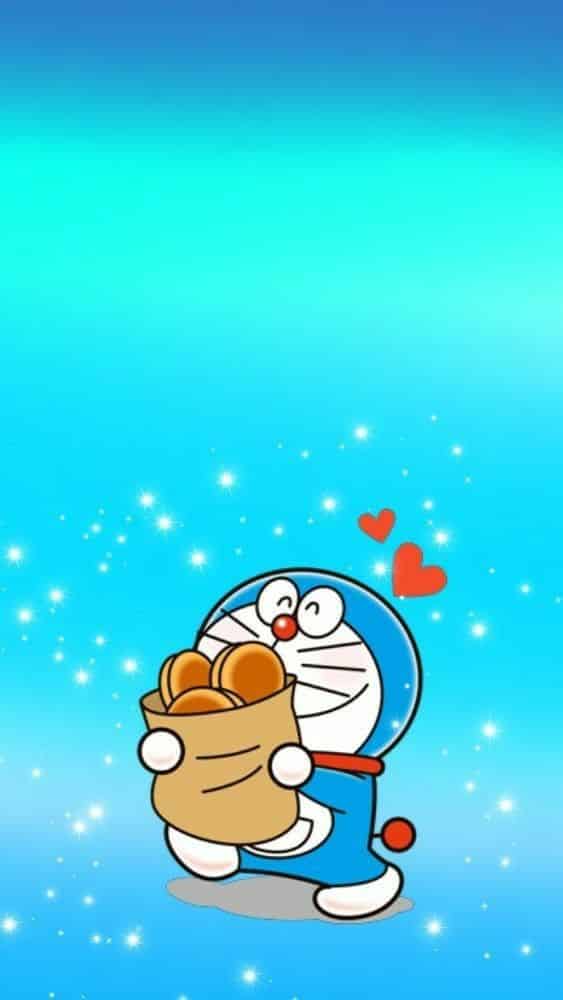 Hình Nền điện thoại Doraemon ôm bánh rán