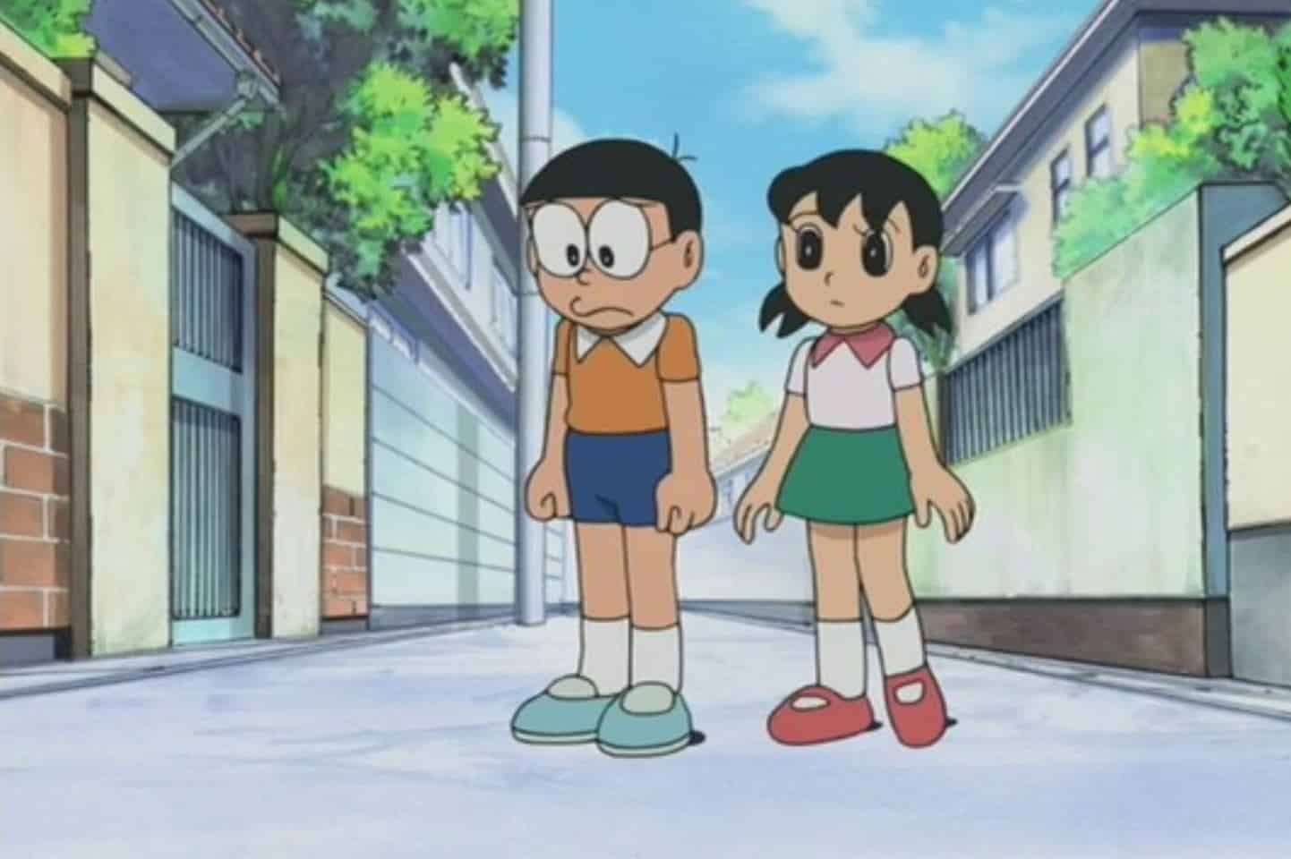 Hình Nobita và Xuka buồn hiu trên đường