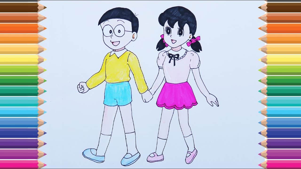 Hình Vẽ Nobita Và Shizuka tô màu dễ thương