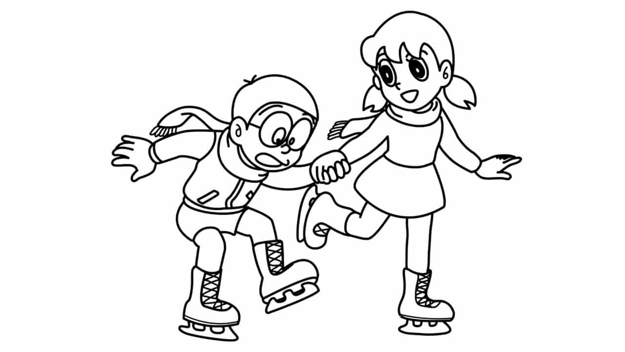 Hình Vẽ Nobita Và Shizuka trượt băng đẹp