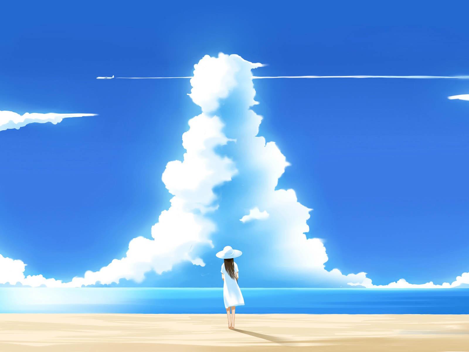 Hình nền mùa hè Anime bầu trời xanh ngắt