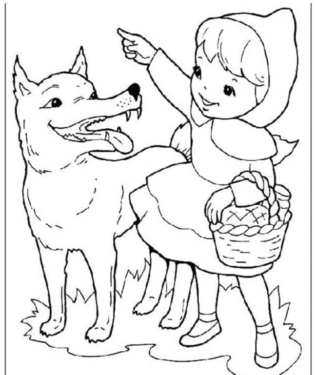 Hình Tô Màu Con Chó Sói và em bé choàng khăn đỏ
