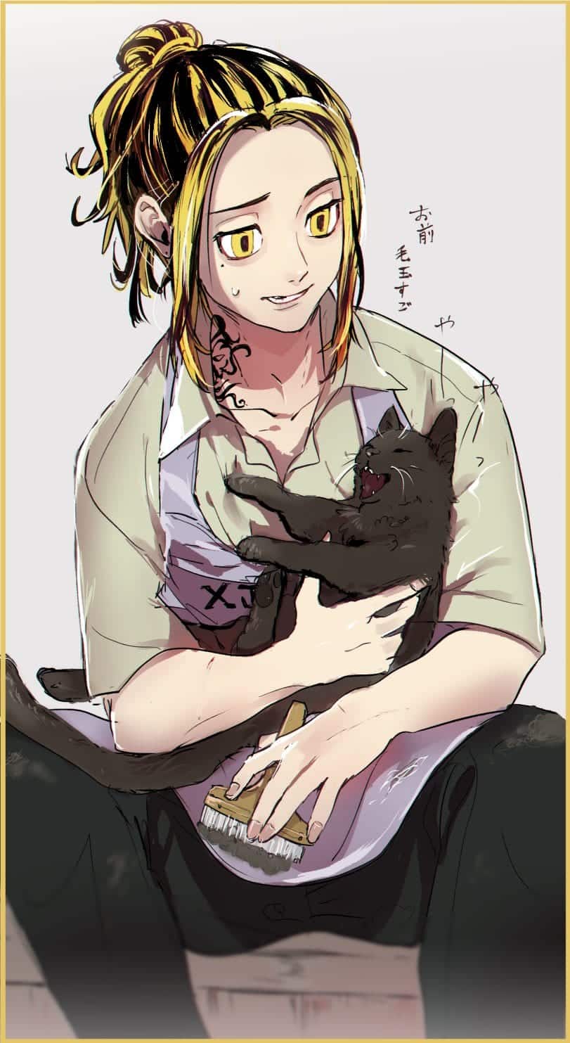 Hình Tokyo Revengers Kazutora ôm bé mèo