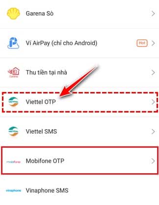 Chọn Viettel OTP hoặc Mobifone OTP