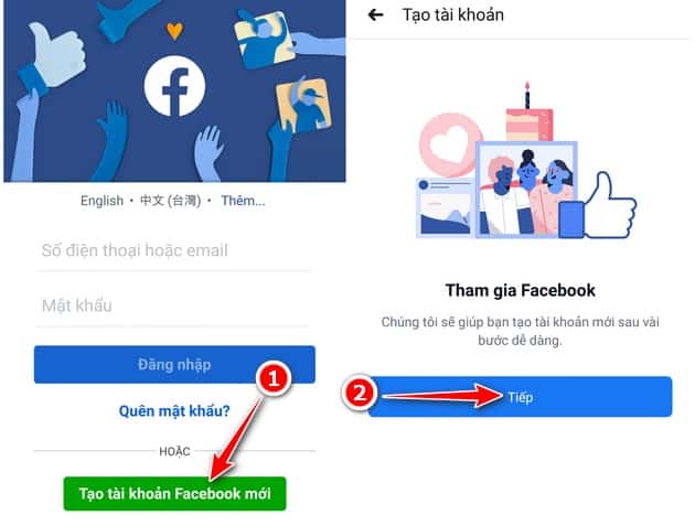 Nhấn vào mục tạo tài khoản Fb