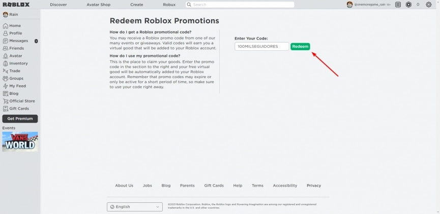 Cách nhập Roblox Promocode - bước 2