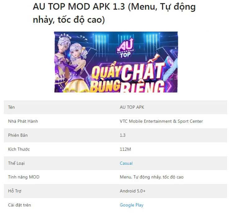 AU TOP MOD APK 1.3 (Menu, Tự Động Nhảy, Tốc Độ Cao)