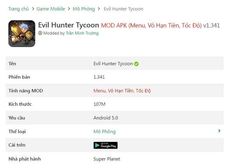 Evil Hunter Tycoon MOD APK (Menu, Vô Hạn Tiền, Tốc Độ) v1.341