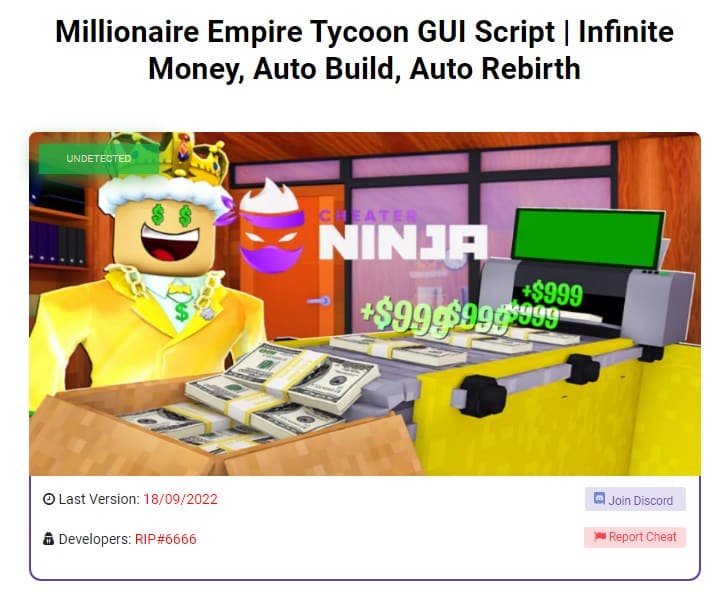 Millionaire Empire Tycoon GUI Script - Infinite Money, Auto Build, Auto Rebirth