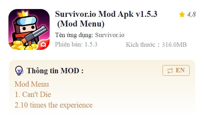Mod Apk v1.5.3 (Mod Menu) - Hack Survivor IO IOS