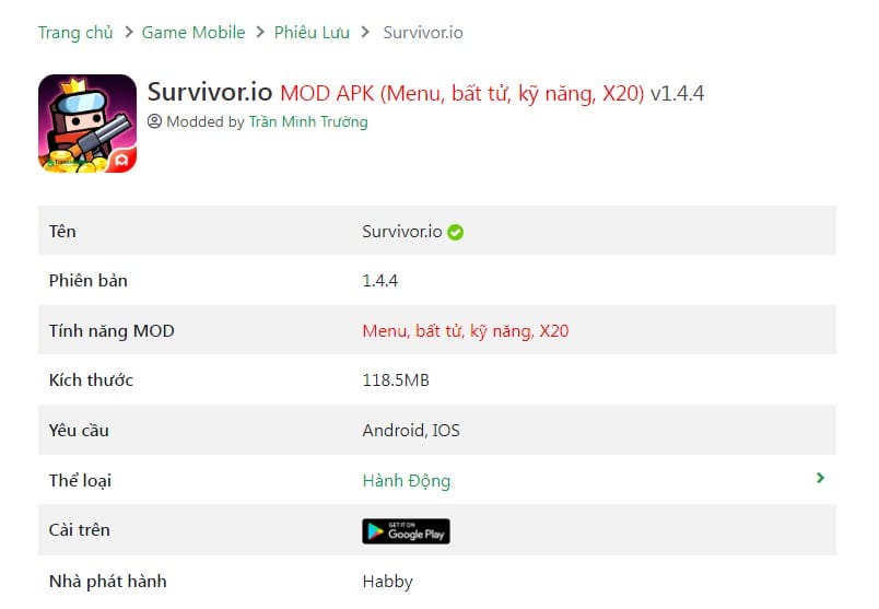 Survivor.io MOD APK (Menu, Bất Tử, Kỹ Năng, EXP X20) v1.4.4
