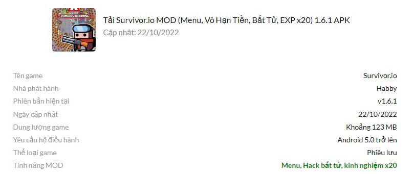 Survivor.io MOD (Menu, Vô Hạn Tiền, Bất Tử, EXP x20) 1.6.1 APK