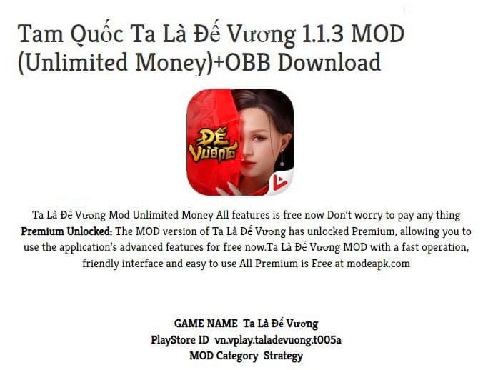 Tam Quốc Ta Là Đế Vương 1.1.3 MOD (Unlimited Money) - OBB